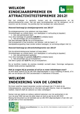 Eindejaars- en attractiviteitspremie 2012 voor werknemers uit de federale non-profit